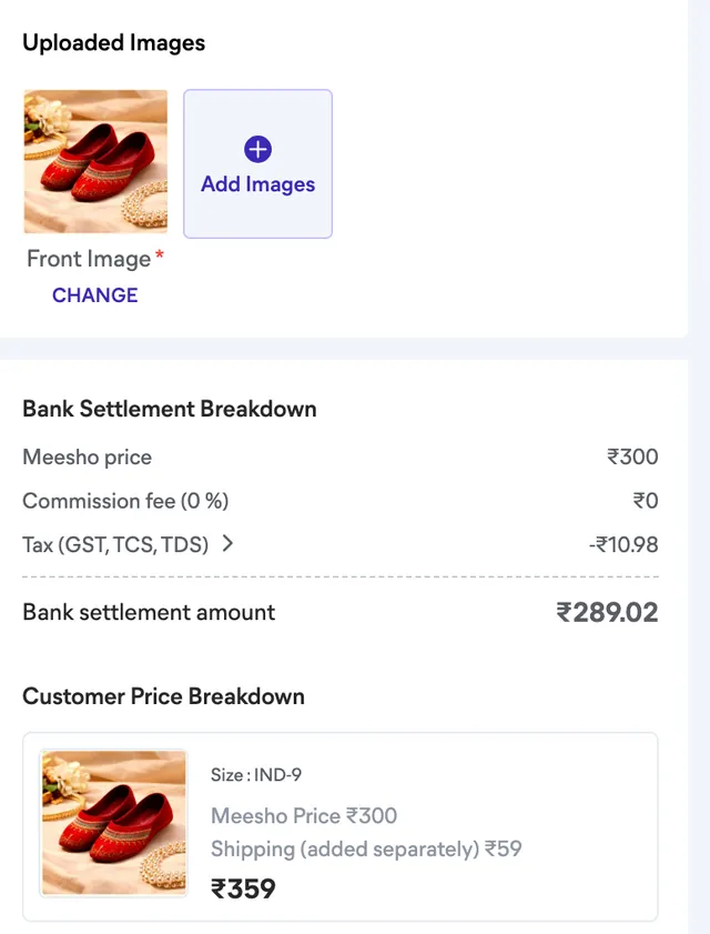 Meesho seller panel showing ₹59 shipping cost